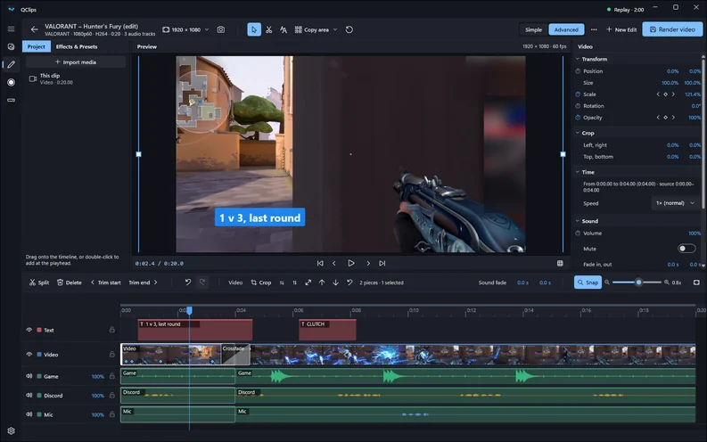 The editor in Advanced mode with keyframes on the video and the Mixed, Game, Discord and Mic tracks on the timeline.