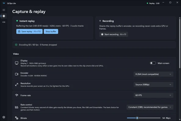 QClips Lite: the recorder’s settings window with Instant replay, Recording and the video settings.
