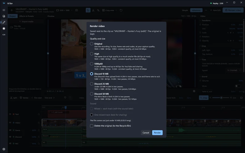 The Render video dialog with the Discord 10 MB preset selected.