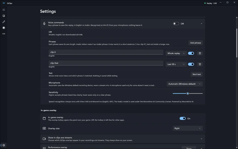 QClips Settings, Voice commands: the phrases “clip it” and “clip that” with their lengths, the microphone, sensitivity and a Start test button.