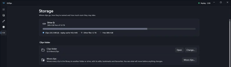 The Storage page: the space clips take, the clips folder, file names and the storage limit.